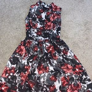 Red, black, grey and white flowered dress